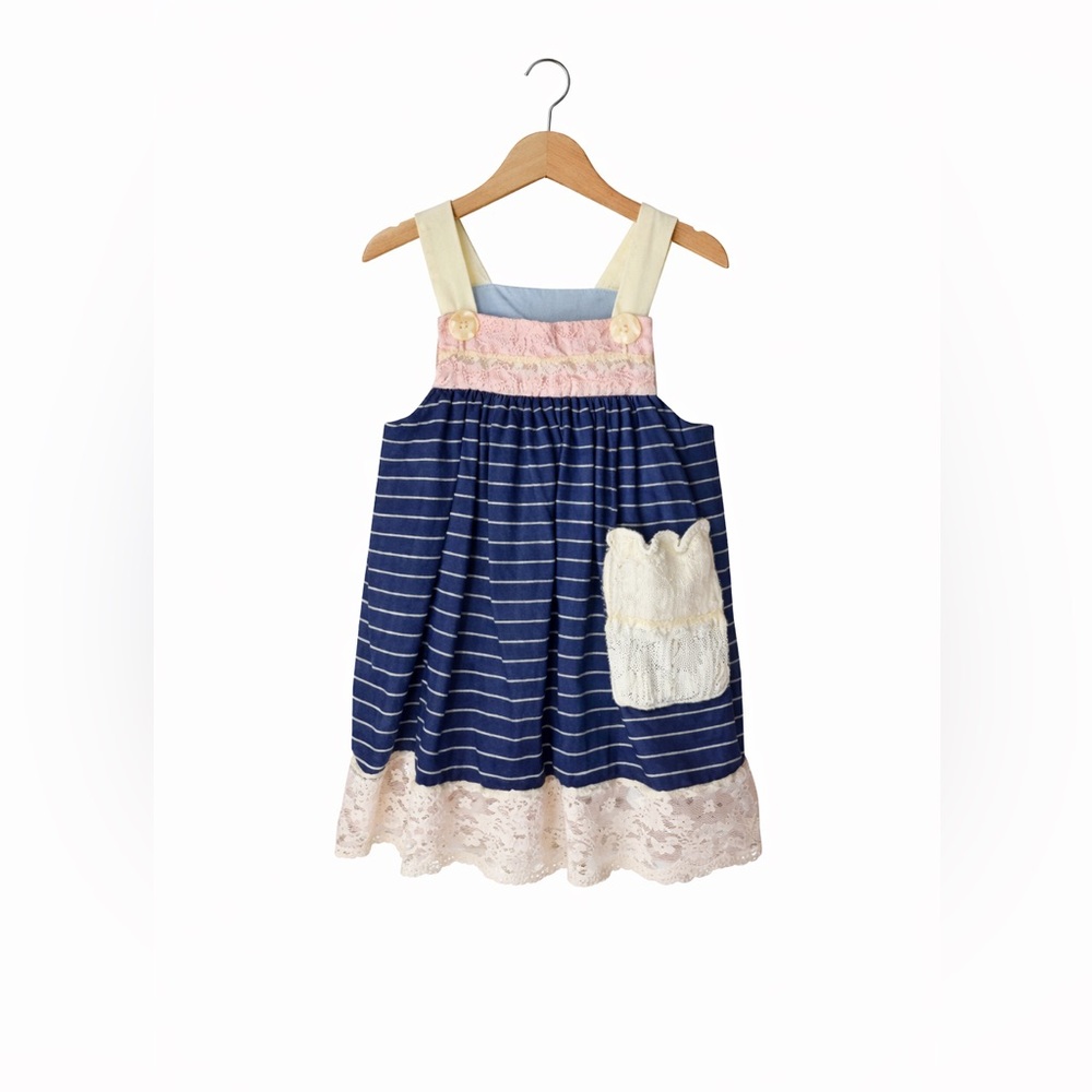 Handmade Girls Blue Striped Pinafore Dress 2T 3T Lace Cottagecore Prairie